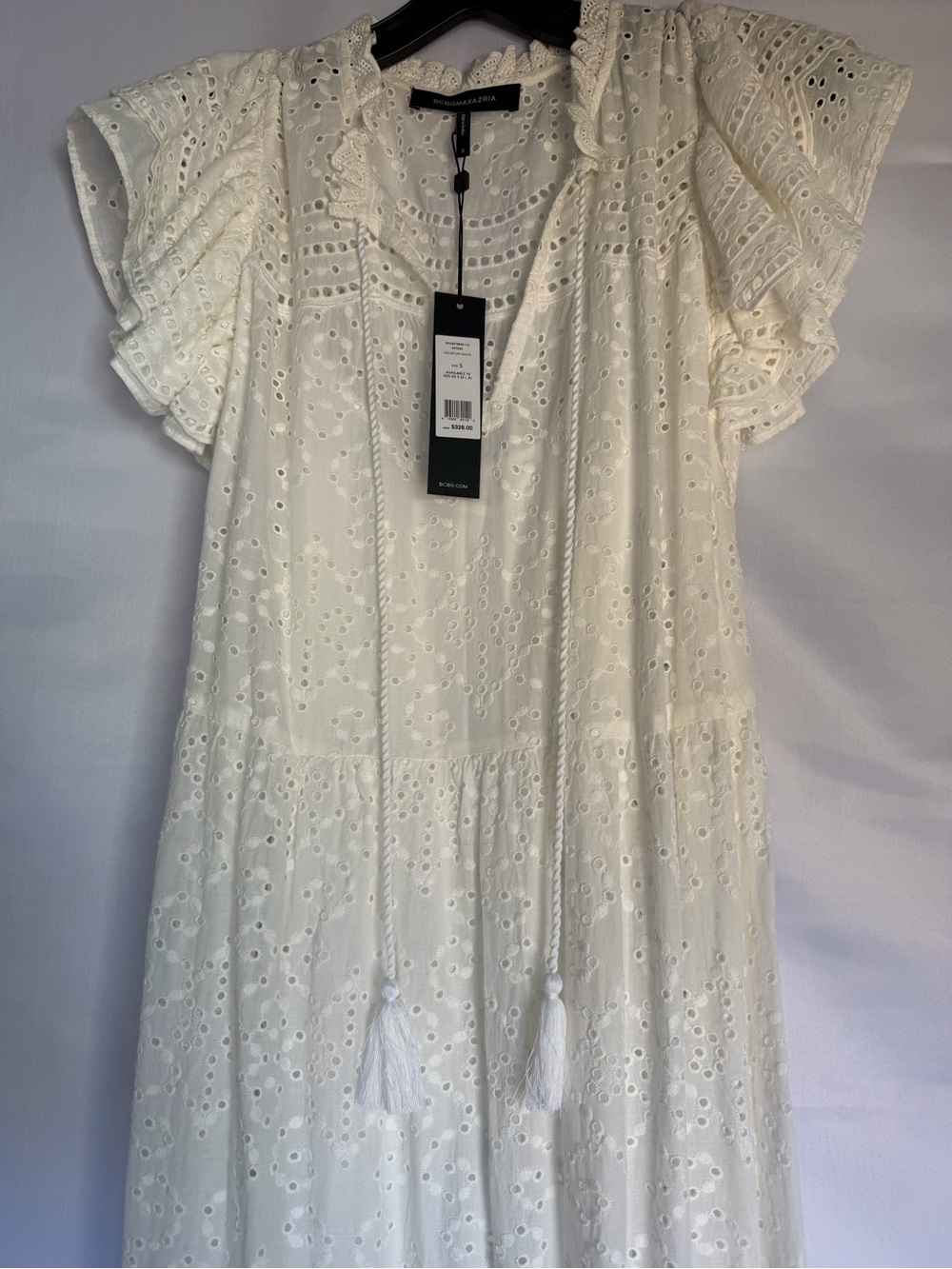 BCBGMaxAzria White Eyelet Maxi Dress with Tassel Tie